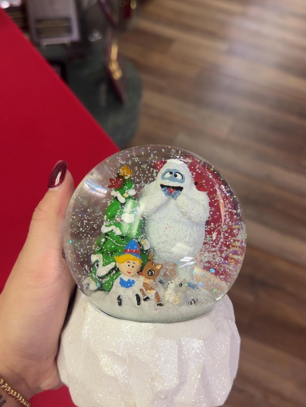 White Yeti Holiday Snow Globe with Green Christmas Tree